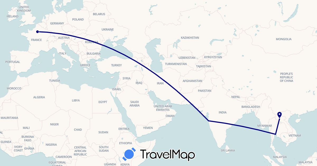 TravelMap itinerary: driving in France, India, Laos, Thailand (Asia, Europe)